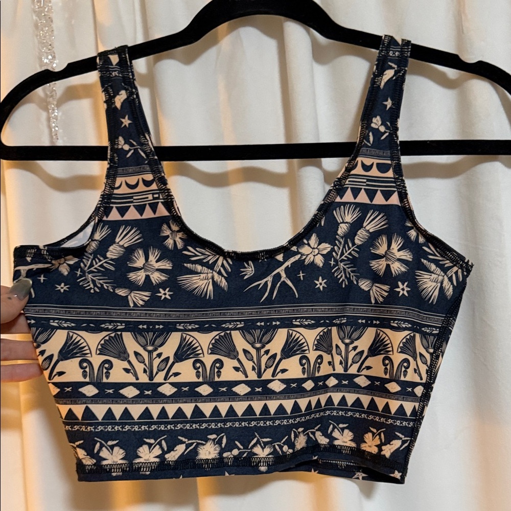 Teeki Navy and Cream Patterned Crop Top